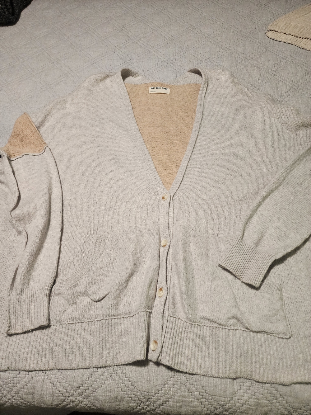 We The Free Light Gray & Beige V-Neck Cardigan